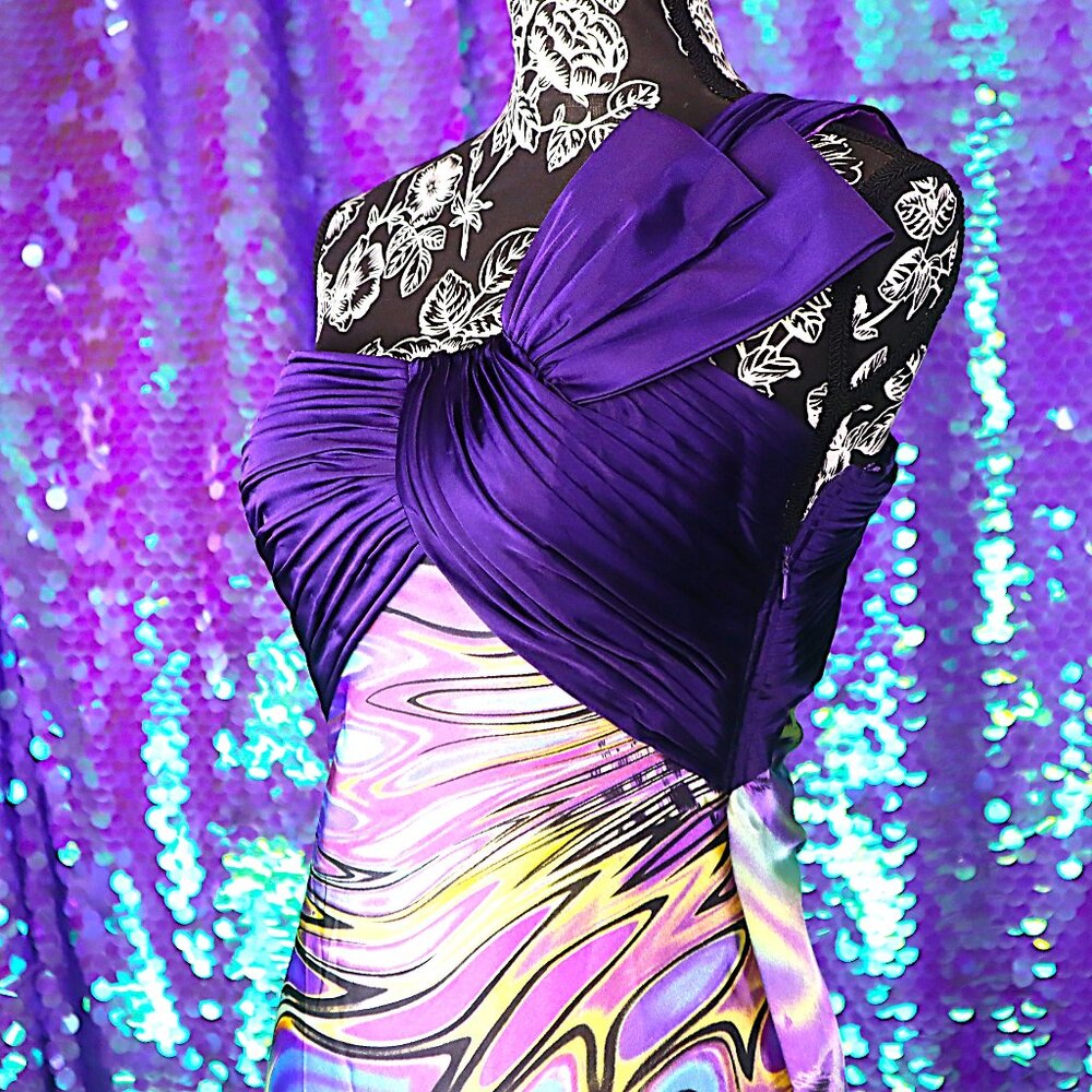 Purple Gown 4 La Femme Womens One Shoulder Animal Print Ruched Satin Maxi Dress